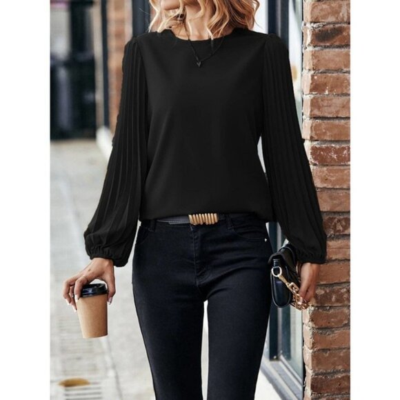 brown Long sleeve Pleated Lantern Sleeve Blouse - Picture 1 of 8